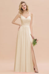 Sexy Spaghetti-Straps Coral Lace Bridesmaid Dresses with Slit-Babyonlines