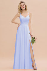 Sexy Spaghetti-Straps Coral Lace Bridesmaid Dresses with Slit-Babyonlines