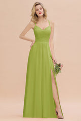 Sexy Spaghetti-Straps Coral Lace Bridesmaid Dresses with Slit-Babyonlines