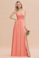 Sexy Spaghetti-Straps Coral Lace Bridesmaid Dresses with Slit-Babyonlines