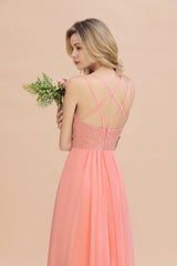 Sexy Spaghetti-Straps Coral Lace Bridesmaid Dresses with Slit-Babyonlines