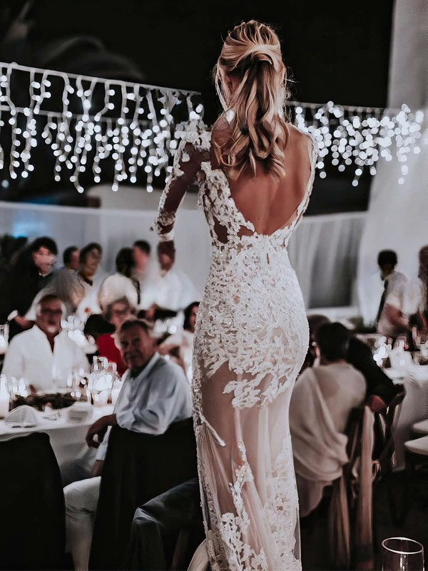 Sheath Column Illusion Tulle Wedding Dress with Appliques Lace