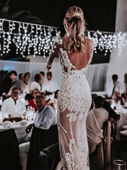 Sheath Column Illusion Tulle Wedding Dress with Appliques Lace