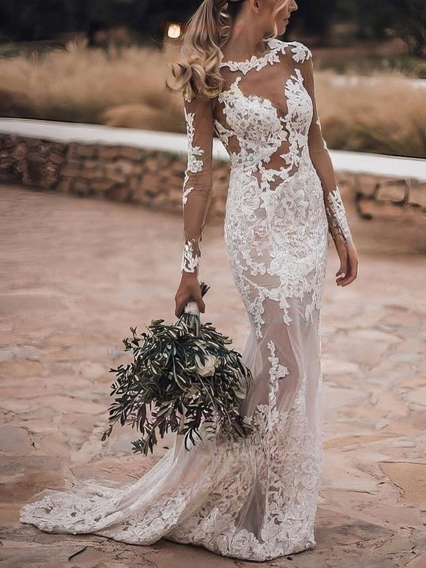 Sheath Column Illusion Tulle Wedding Dress with Appliques Lace