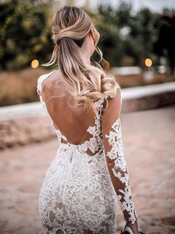 Sheath Column Illusion Tulle Wedding Dress with Appliques Lace