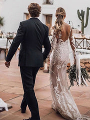 Sheath Column Illusion Tulle Wedding Dress with Appliques Lace