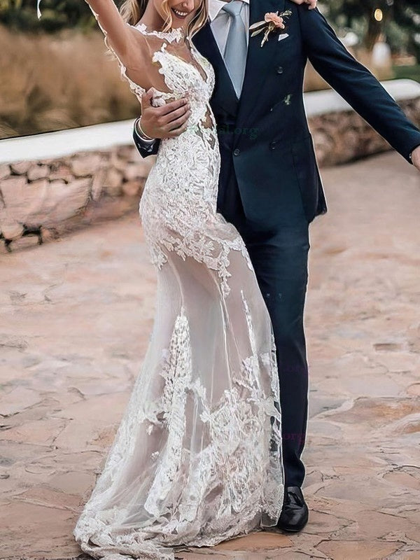 Sheath Column Illusion Tulle Wedding Dress with Appliques Lace