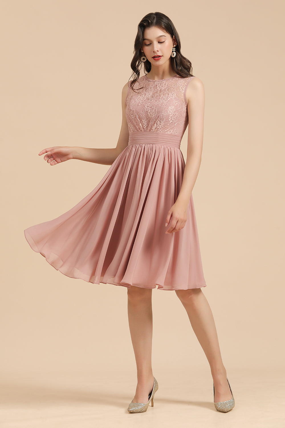Short Lace Dusty Rose Junior Bridesmaid Dress-Babyonlines