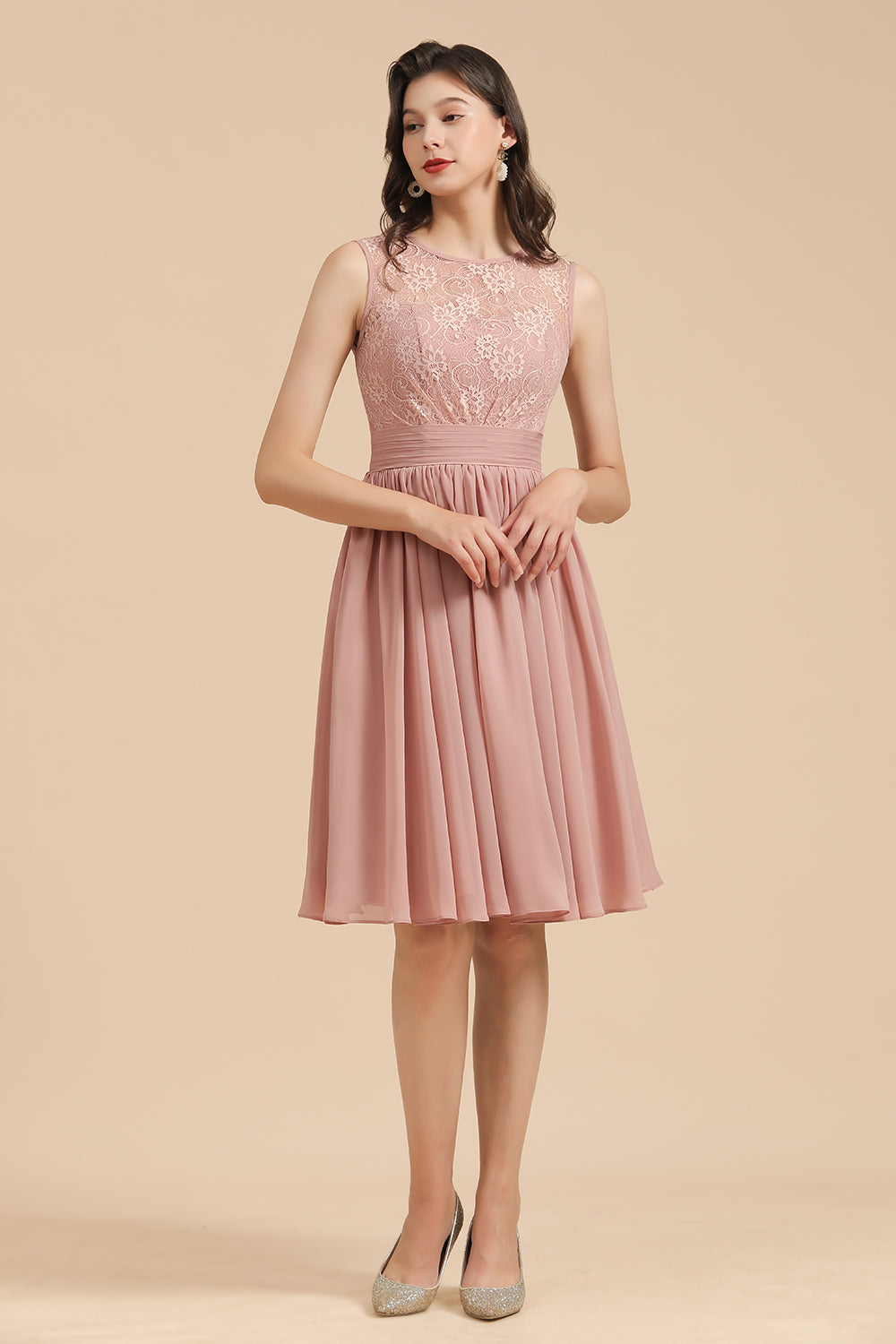 Short Lace Dusty Rose Junior Bridesmaid Dress-Babyonlines