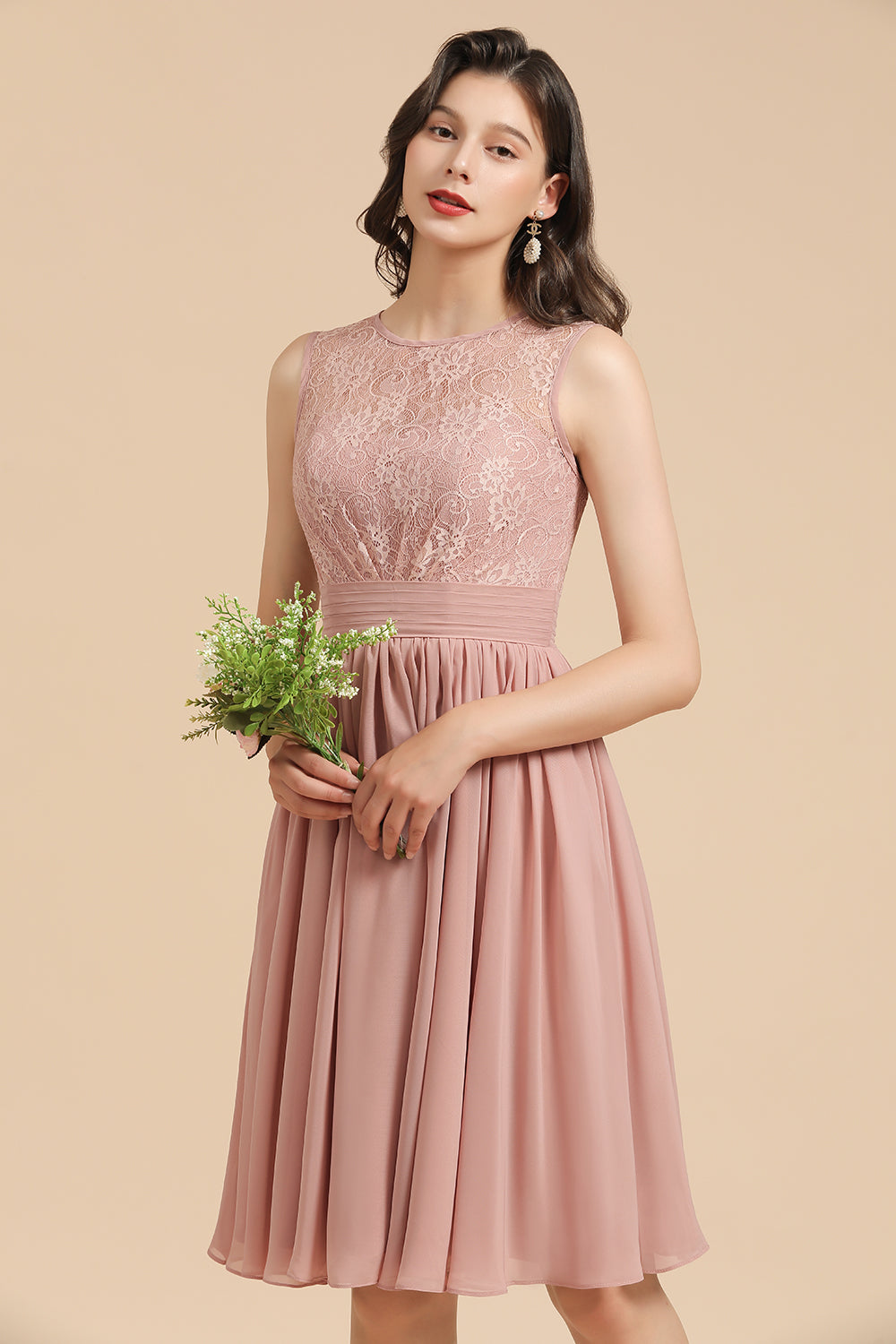 Short Lace Dusty Rose Junior Bridesmaid Dress-Babyonlines