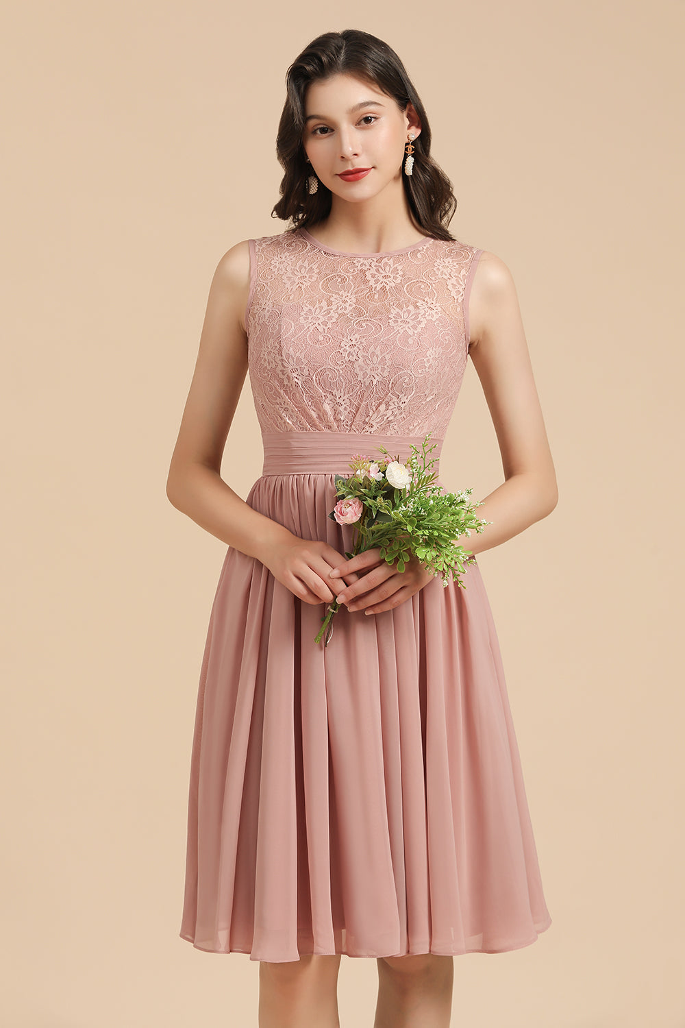 Short Lace Dusty Rose Junior Bridesmaid Dress-Babyonlines