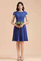 Short Sleeve Royal Blue Lace Junior Bridesmaid Dress-Babyonlines