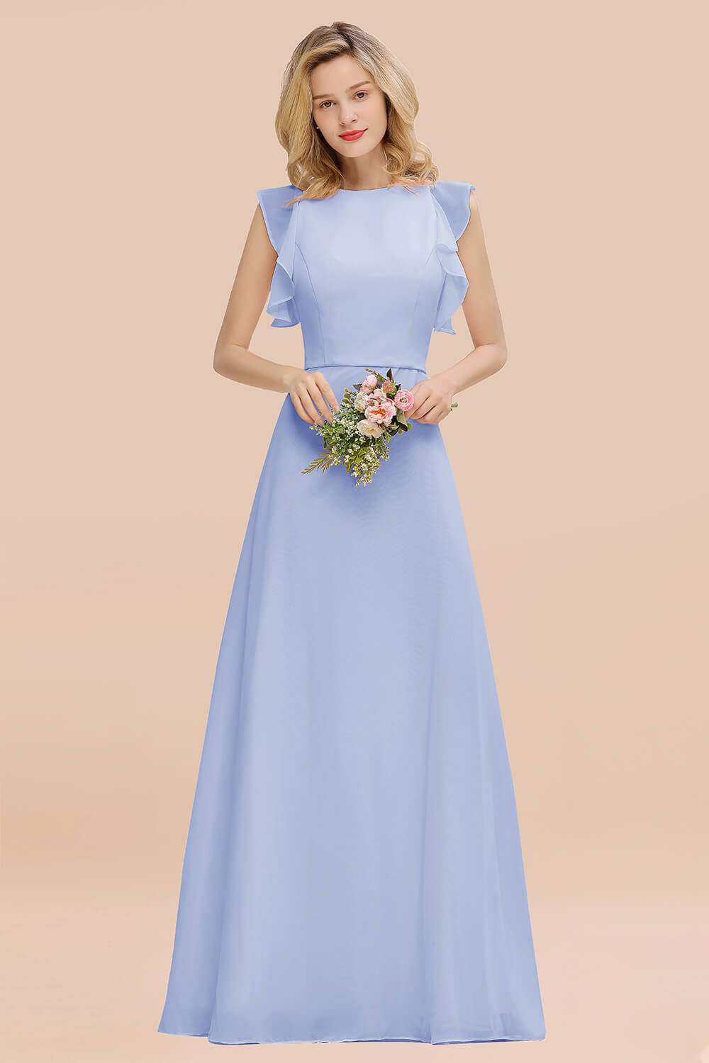 Simple Jewel Draped Sleeves Blushing Pink Bridesmaid Dress Online-Babyonlines