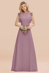 Simple Jewel Draped Sleeves Blushing Pink Bridesmaid Dress Online-Babyonlines