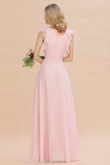 Simple Jewel Draped Sleeves Blushing Pink Bridesmaid Dress Online-Babyonlines