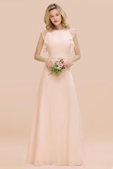 Simple Jewel Draped Sleeves Blushing Pink Bridesmaid Dress Online-Babyonlines