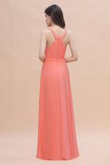 Simple Jewel Sleeveless Coral Chiffon Bridesmaid Dress Online-Babyonlines