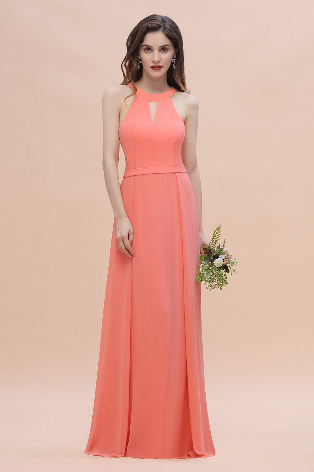 Simple Jewel Sleeveless Coral Chiffon Bridesmaid Dress Online-Babyonlines