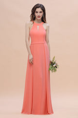 Simple Jewel Sleeveless Coral Chiffon Bridesmaid Dress Online-Babyonlines