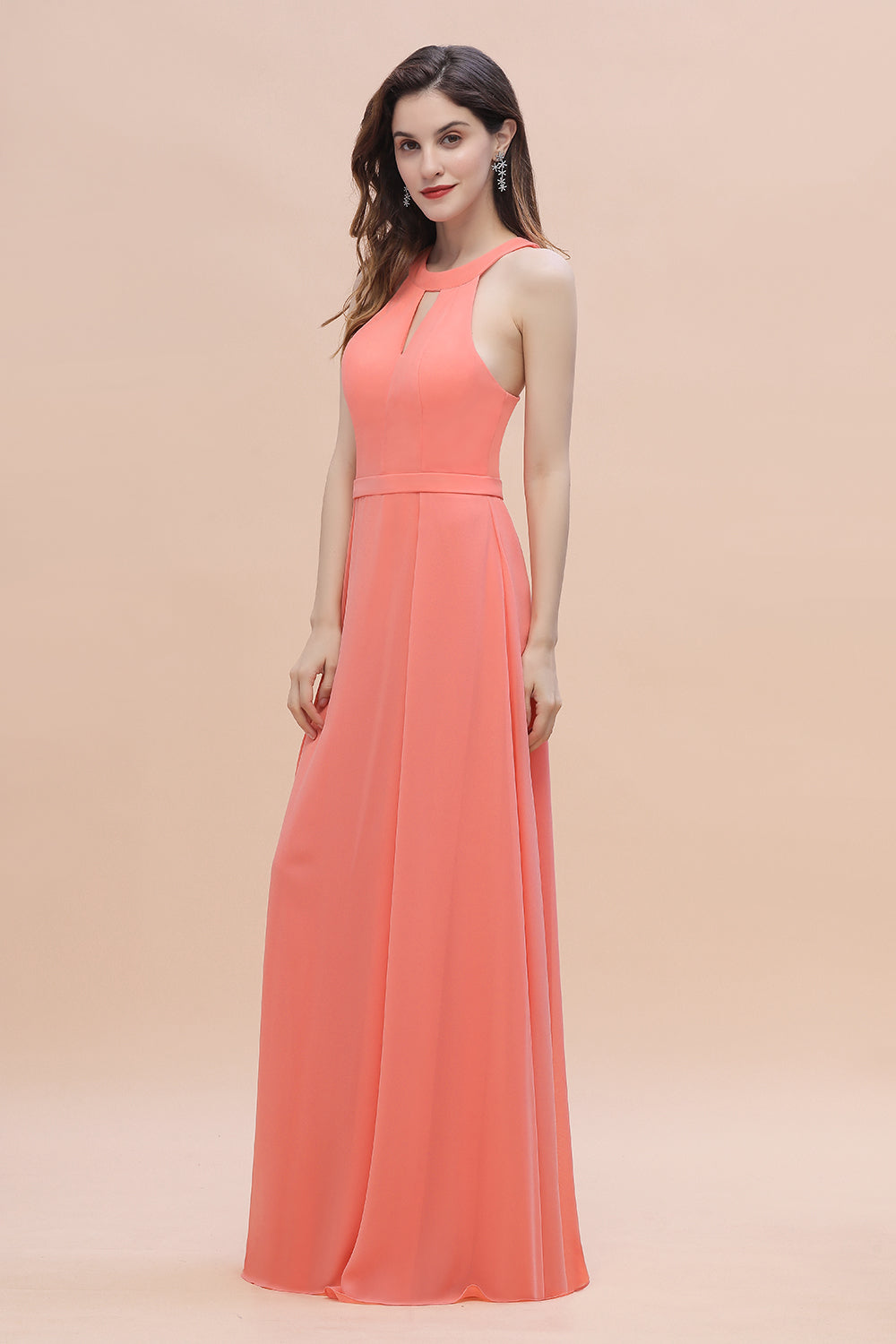 Simple Jewel Sleeveless Coral Chiffon Bridesmaid Dress Online-Babyonlines