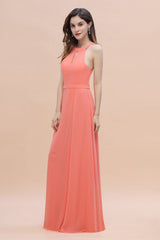 Simple Jewel Sleeveless Coral Chiffon Bridesmaid Dress Online-Babyonlines