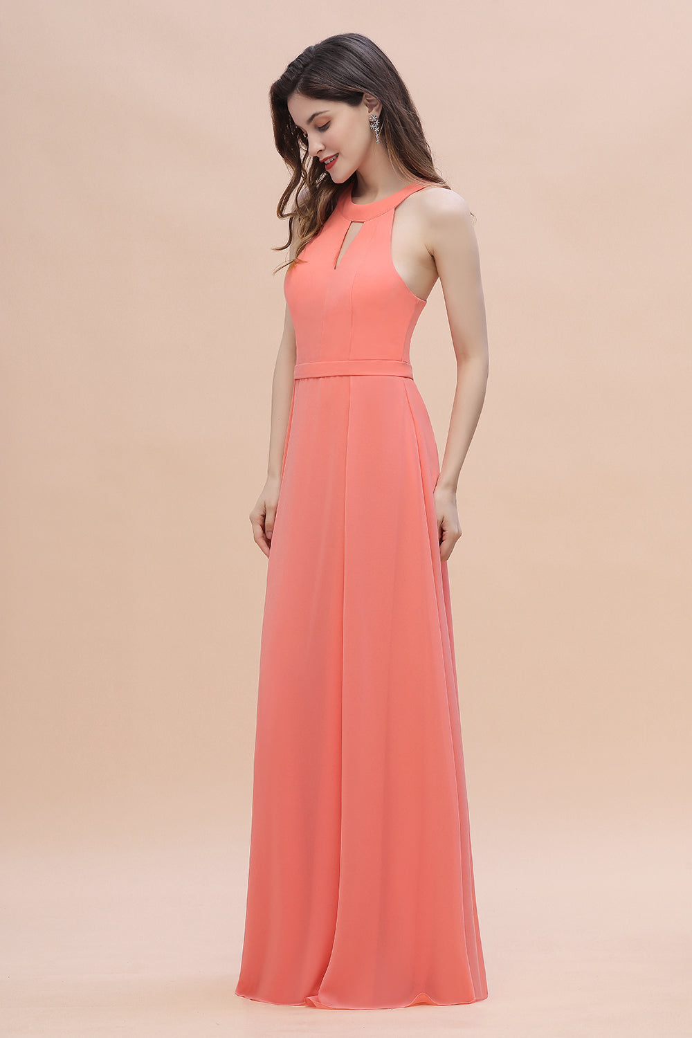 Simple Jewel Sleeveless Coral Chiffon Bridesmaid Dress Online-Babyonlines