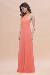 Simple Jewel Sleeveless Coral Chiffon Bridesmaid Dress Online-Babyonlines