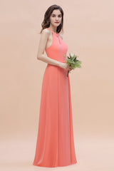 Simple Jewel Sleeveless Coral Chiffon Bridesmaid Dress Online-Babyonlines