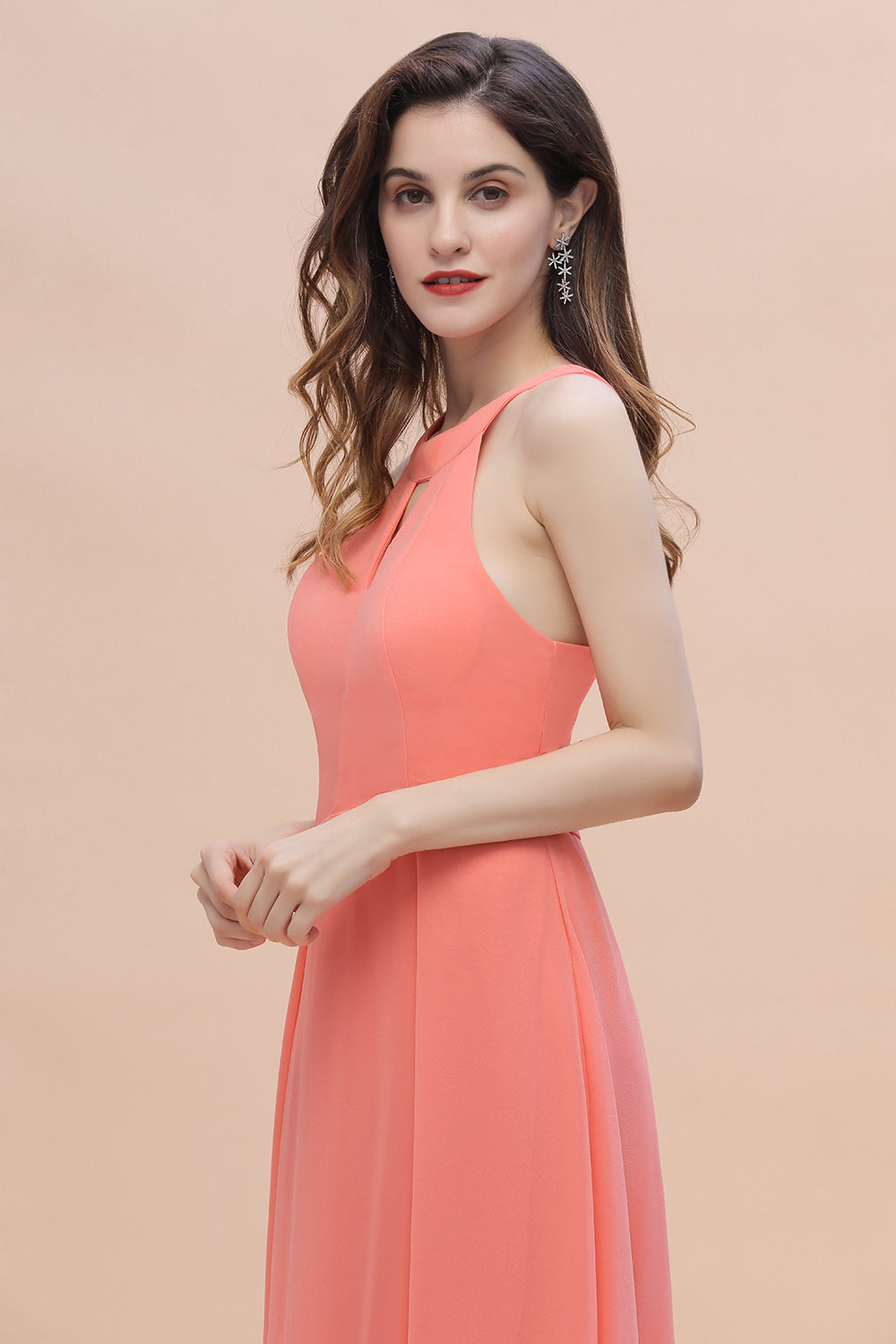 Simple Jewel Sleeveless Coral Chiffon Bridesmaid Dress Online-Babyonlines