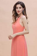Simple Jewel Sleeveless Coral Chiffon Bridesmaid Dress Online-Babyonlines