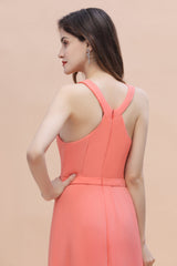 Simple Jewel Sleeveless Coral Chiffon Bridesmaid Dress Online-Babyonlines