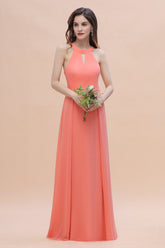 Simple Jewel Sleeveless Coral Chiffon Bridesmaid Dress Online-Babyonlines