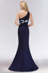 Simple Mermaid One-Shoulder Navy Bridesmaid Dresses with Slit-Babyonlines