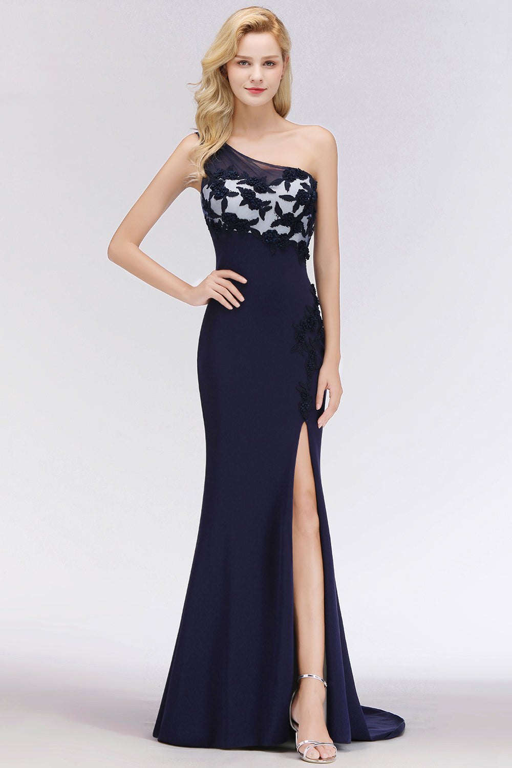 Simple Mermaid One-Shoulder Navy Bridesmaid Dresses with Slit-Babyonlines