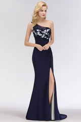 Simple Mermaid One-Shoulder Navy Bridesmaid Dresses with Slit-Babyonlines
