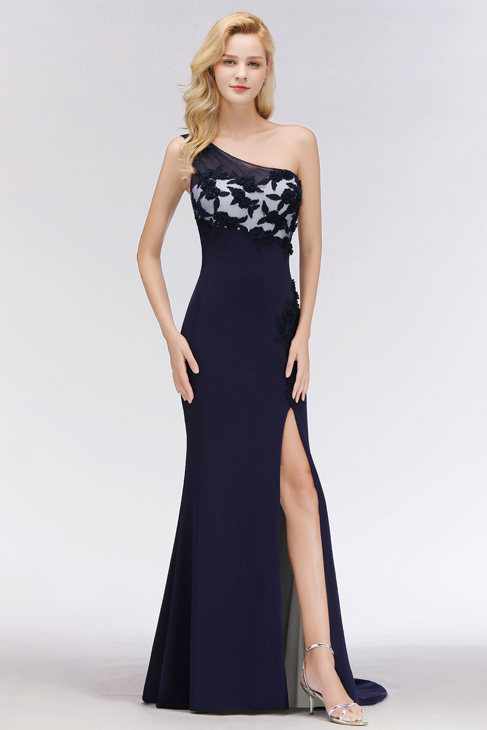 Simple Mermaid One-Shoulder Navy Bridesmaid Dresses with Slit-Babyonlines