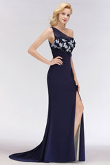 Simple Mermaid One-Shoulder Navy Bridesmaid Dresses with Slit-Babyonlines