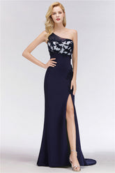 Simple Mermaid One-Shoulder Navy Bridesmaid Dresses with Slit-Babyonlines
