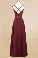 Simple Satin Chiffon Spaghetti-Straps Burgundy Long Bridesmaid Dress-Babyonlines