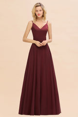 Simple Satin Chiffon Spaghetti-Straps Burgundy Long Bridesmaid Dress-Babyonlines