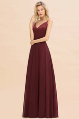 Simple Satin Chiffon Spaghetti-Straps Burgundy Long Bridesmaid Dress-Babyonlines
