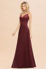 Simple Satin Chiffon Spaghetti-Straps Burgundy Long Bridesmaid Dress-Babyonlines