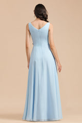 Sky Blue Chiffon Long Bridesmaid Dress Ruched-Babyonlines