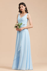Sky Blue Chiffon Long Bridesmaid Dress Ruched-Babyonlines