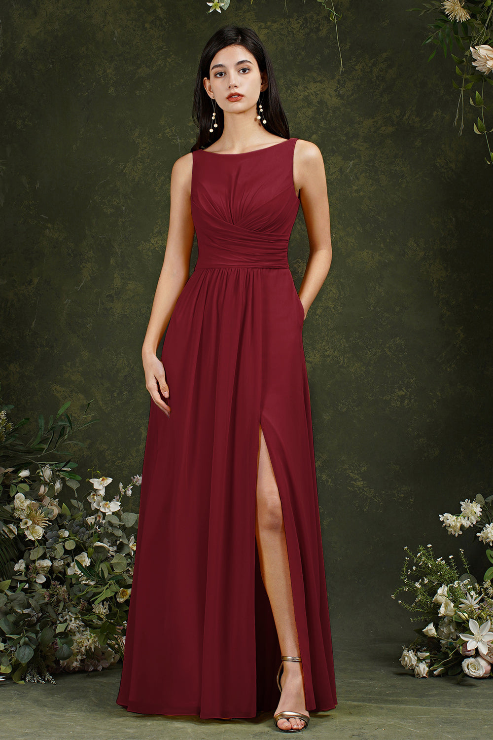 Sleeveless Bridesmaid Dress Long With Slit Online-Babyonlines