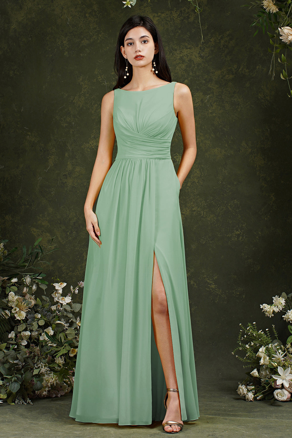 Sleeveless Bridesmaid Dress Long With Slit Online-Babyonlines