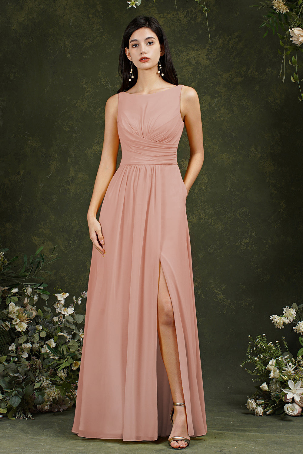 Sleeveless Bridesmaid Dress Long With Slit Online-Babyonlines