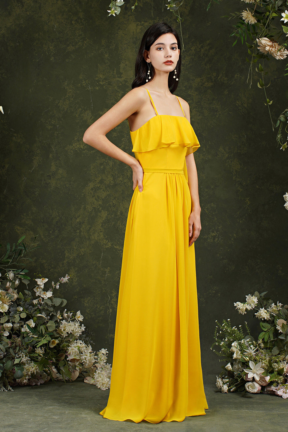 Spaghetti-Straps Bridesmaid Dress Chiffon With Pockets Ruffles-Babyonlines