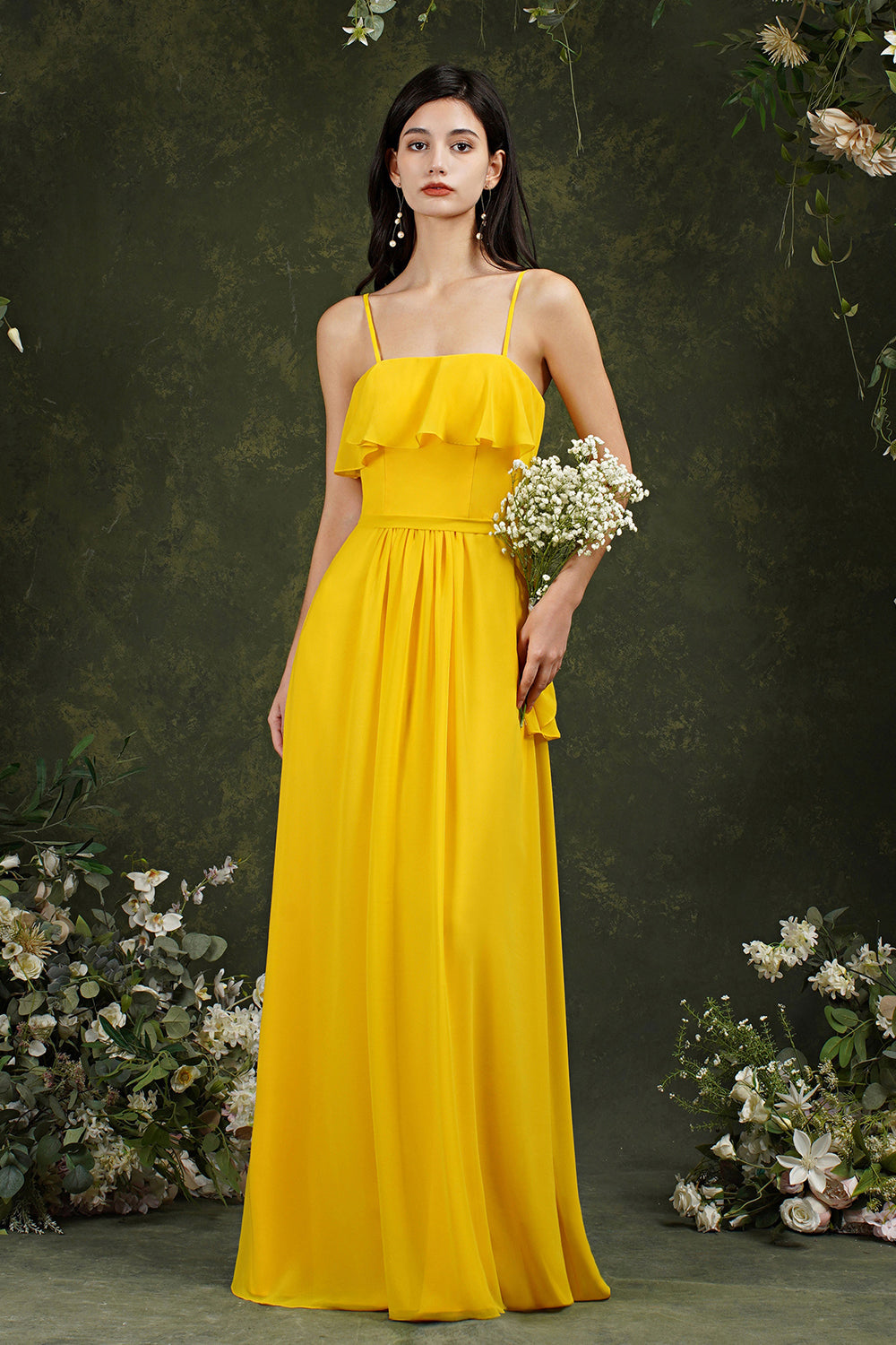 Spaghetti-Straps Bridesmaid Dress Chiffon With Pockets Ruffles-Babyonlines