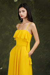 Spaghetti-Straps Bridesmaid Dress Chiffon With Pockets Ruffles-Babyonlines
